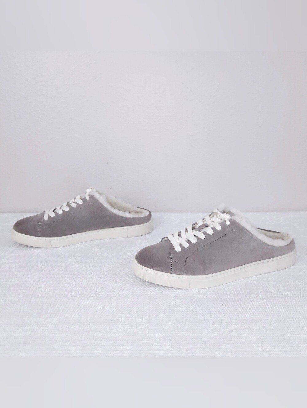 FRYE Ivy Shearling Mule Gray Suede Lace-Up Sneaker Flats US 10